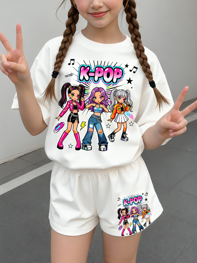 2PCS Tween Girls K-Pop Summer Outfit Set, Cute K-Pop Girl Group Graphic Print T-Shirt & Shorts Matching Set for Kids, Korean Fashion Casual Wear, Matching Sister Outfit, Fan Gift, Birthday Gift, Trendy Girls Clothes for Summer