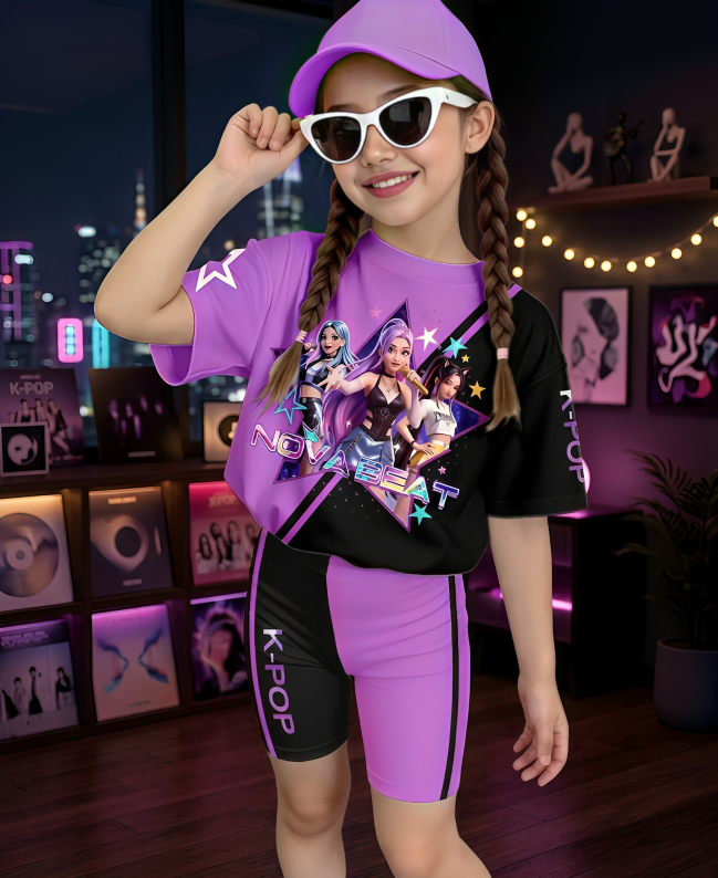 Korean Style Toddler Top and Leggings Set | Girls Digital Print Short Sleeve Outfit | Summer Vacation Casual Wear