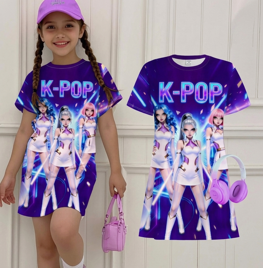 Girls K-Pop Star Print Short Sleeve Dress | Colorful Korean Style Casual Party Dress for Kids | Festival, Concert, Birthday & Daily Wear