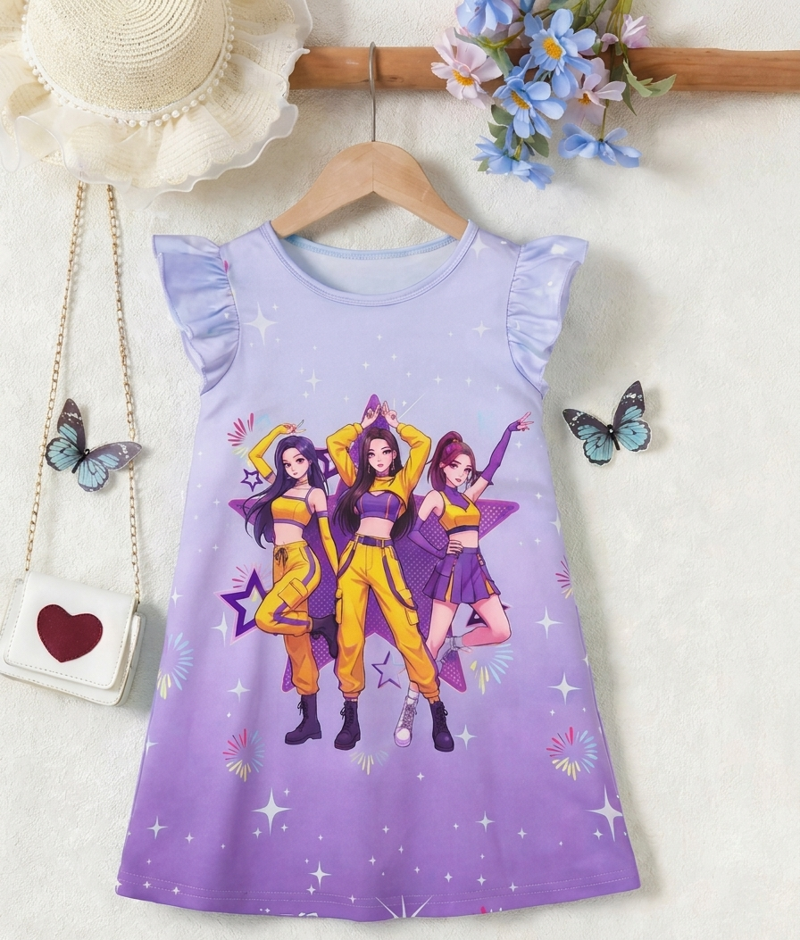 Girls Purple Cartoon Anime Dress with Sequin Star Cap Sleeves | Cute Summer Casual Festival Dress for Kids & Teens