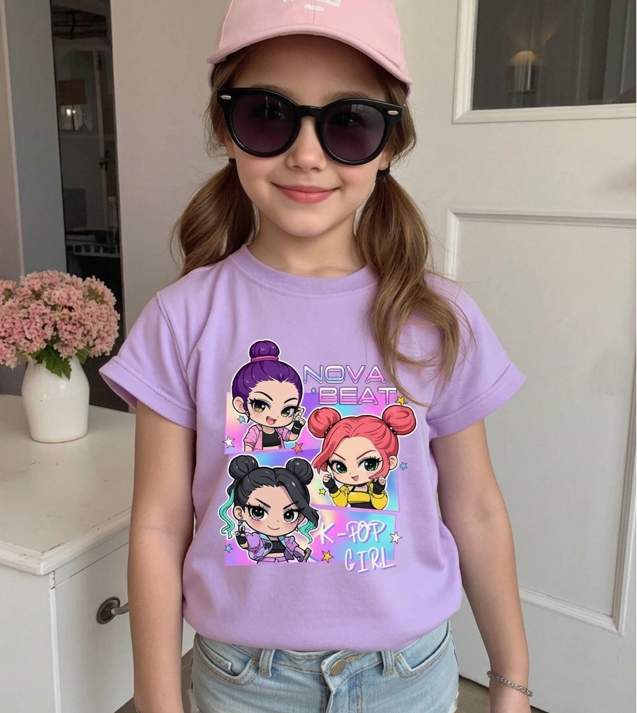 GraphicGems K-Pop Cartoon Girls T-Shirt for Kids – Cute Purple & Cerise Pink Round Neck Short Sleeve Tee | Summer Casual Streetwear | Trendy Korean Style Graphic Shirt for School, Travel & Daily Wear