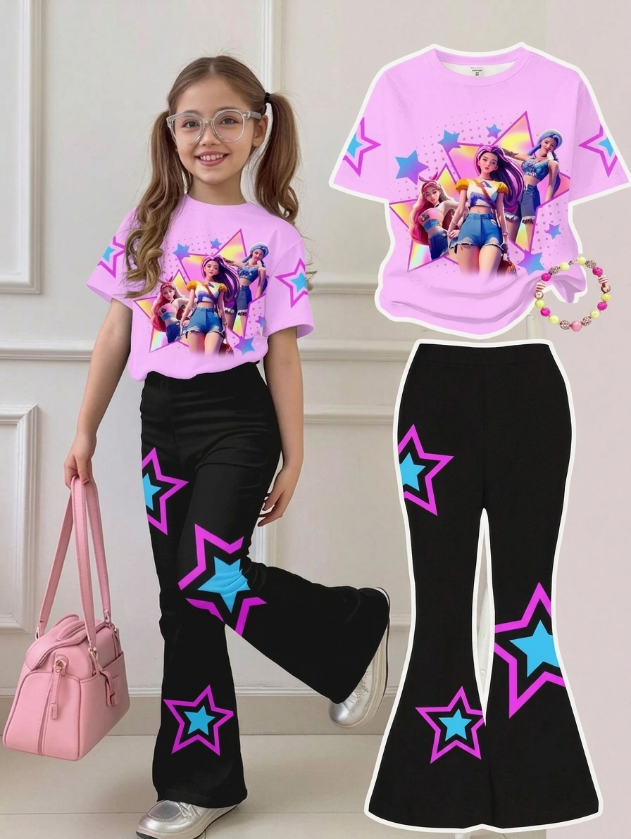 Girls Pink K-Pop Cartoon Outfit Set | Cute Loose Fit Short Sleeve T-Shirt & Flare Pants | Casual Spring Summer Kids Clothing Set