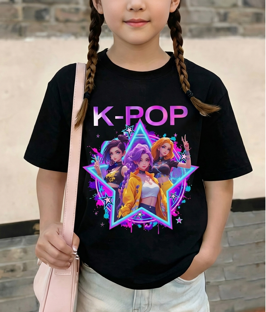 Tween Girls Black Graphic T-Shirt Round Neck Short Sleeve Cute Cartoon Print Tee Casual Summer Fashion Top for Kids, Preteen Girls, Trendy Everyday Outfit