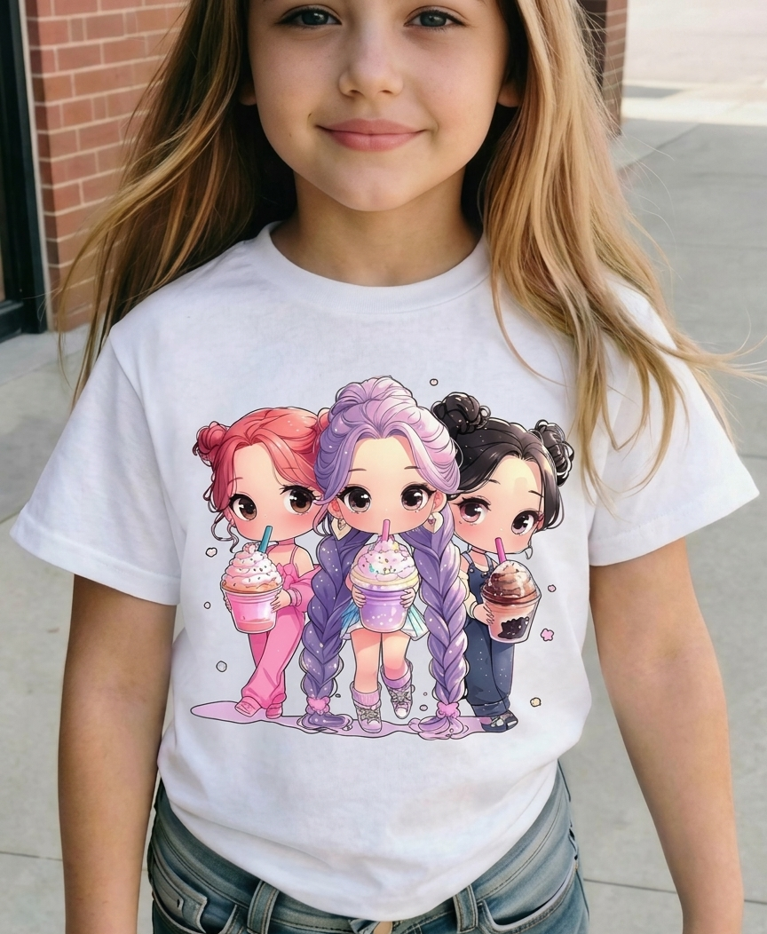 Cute K-Pop Girl Group Cartoon Graphic T-Shirt for Girls | Korean Pop Style Round Neck Short Sleeve Casual Tee | Trendy Summer Travel & Holiday Top
