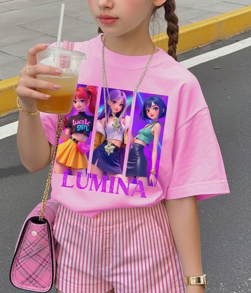 Girls K-Pop Inspired Cartoon Graphic T-Shirt – Bright Pink Cute Character Print Short Sleeve Round Neck Tee | Trendy Korean Style Kids Summer Casual Top for School, Travel & Everyday Wear