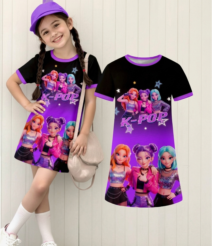 SS26 Idol Girl Group Ombre Purple Black T-Shirt Dress – Cute Casual K-Pop Inspired Graphic Tee Dress for Spring Summer School Outfit