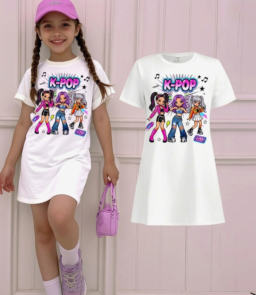 Tween Girls K-Pop Cartoon Print T-Shirt Dress | Trendy Streetwear Short Sleeve Summer Casual Dress for Girls | Korean Fashion Graphic Tee Dress