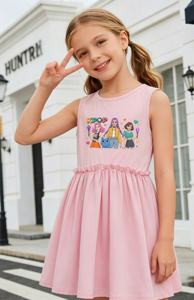 Girls Pink Cat Print Sleeveless A-Line Dress | Cute Cartoon Heart Graphic Summer Party Dress for Kids | Stage Performance, Dance Show, Concert, Talent Contest & Casual Wear