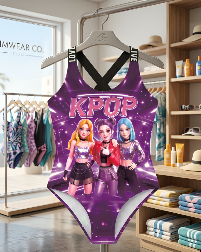 Korean Kpop Girls One Piece Swimsuit for Tween Girls | Cute Letter Print Swimwear | Summer Beach Holiday Bathing Suit