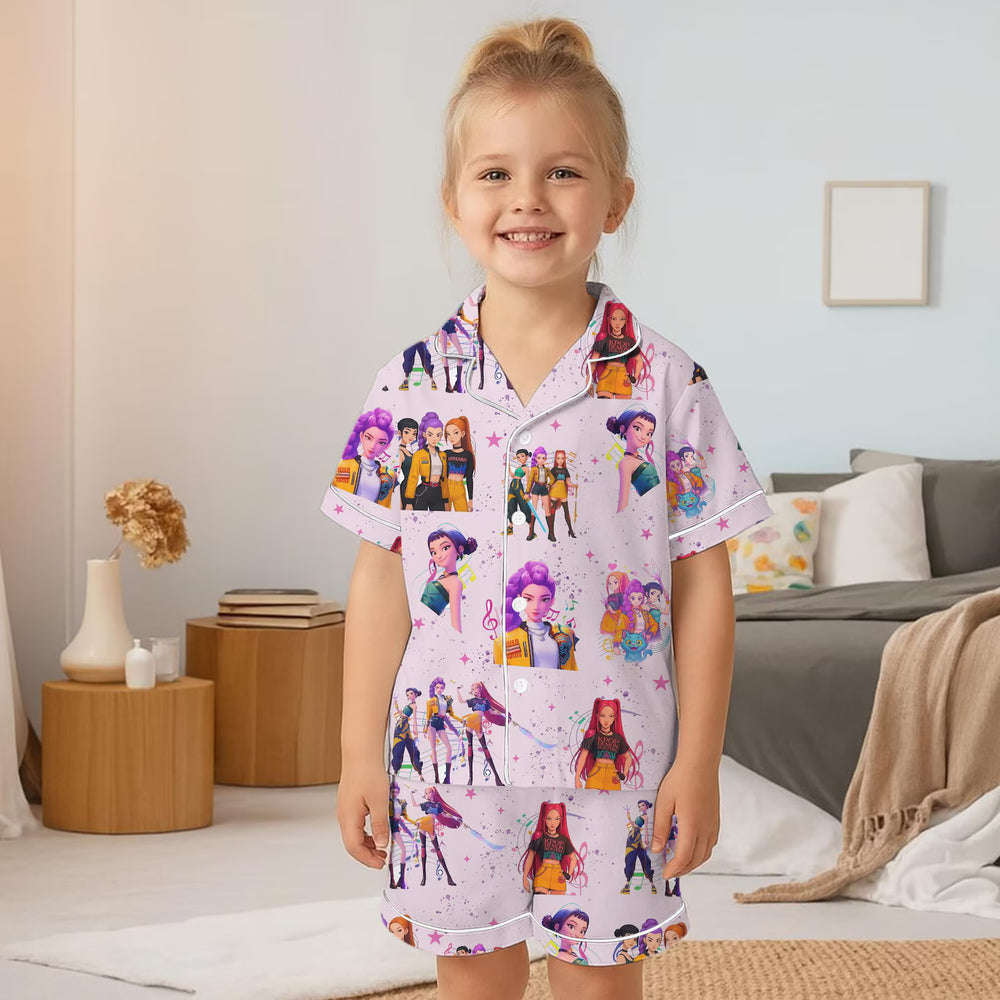 Huntrix Demon Hunters Silky Satin Pajama Set For Women And Kids, Kpop Idol Pajamas, Girl Group Anime Sleepwear Set, Fan Gift PJs