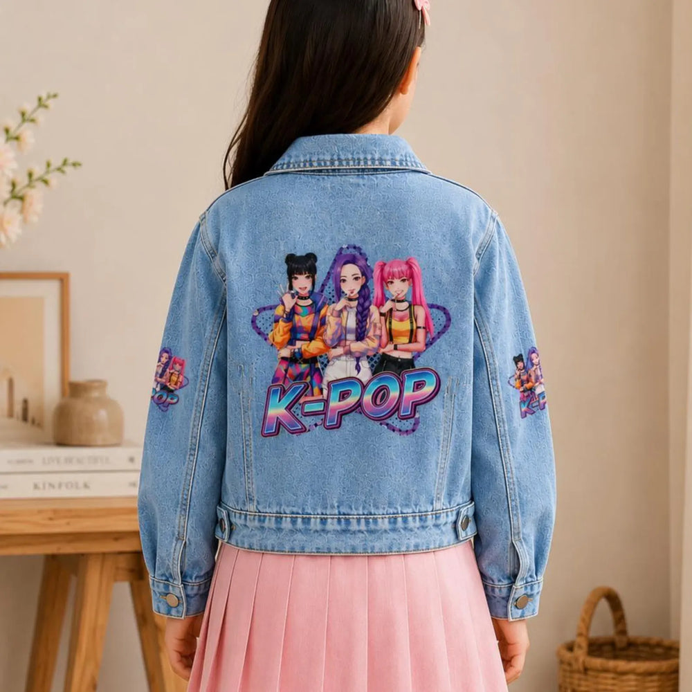 Kpop Demon Jacket for Girls Cute Anime Jean Jacket Kids Streetwear Outfit Trendy Korean Style Gift for Kpop Fan